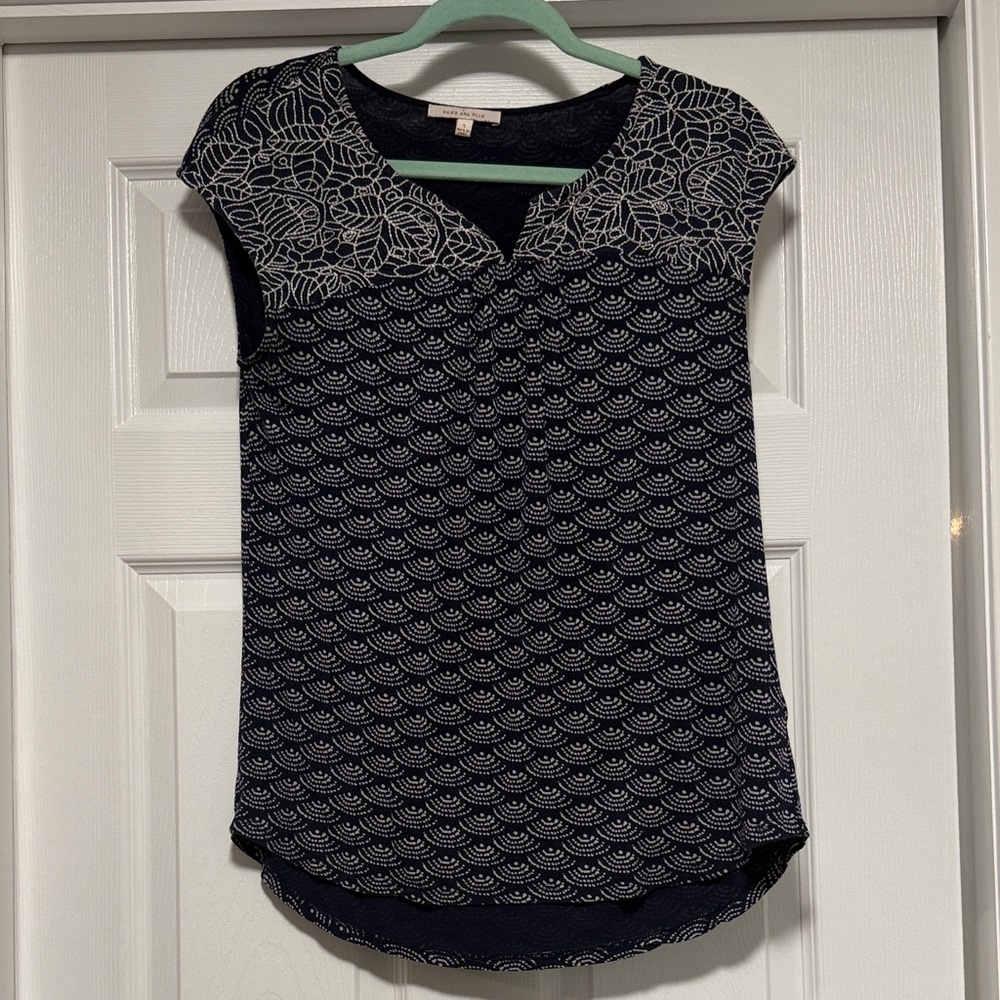 Skies Are Blue Navy and White Patterned Cap-Sleeve Top